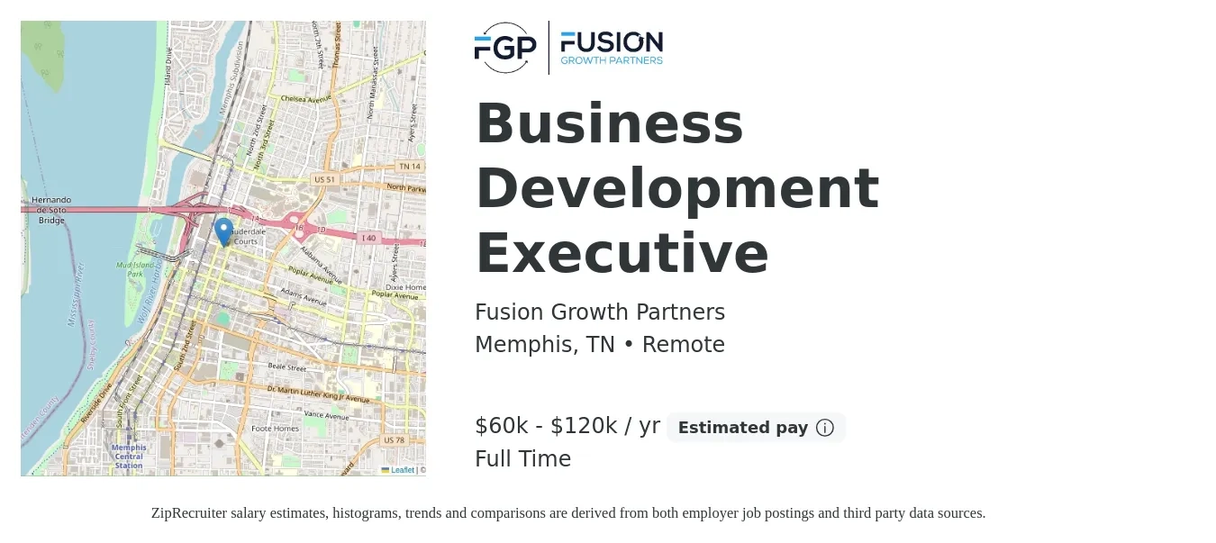 Fusion Growth Partners job posting for a Business Development Executive in Memphis, TN with a salary of $60,000 to $120,000 Yearly with a map of Memphis location.