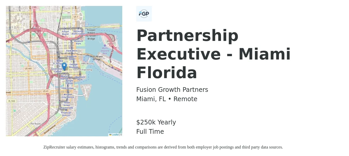Fusion Growth Partners job posting for a Partnership Executive - Miami Florida in Miami, FL with a salary of $250,000 Yearly with a map of Miami location.