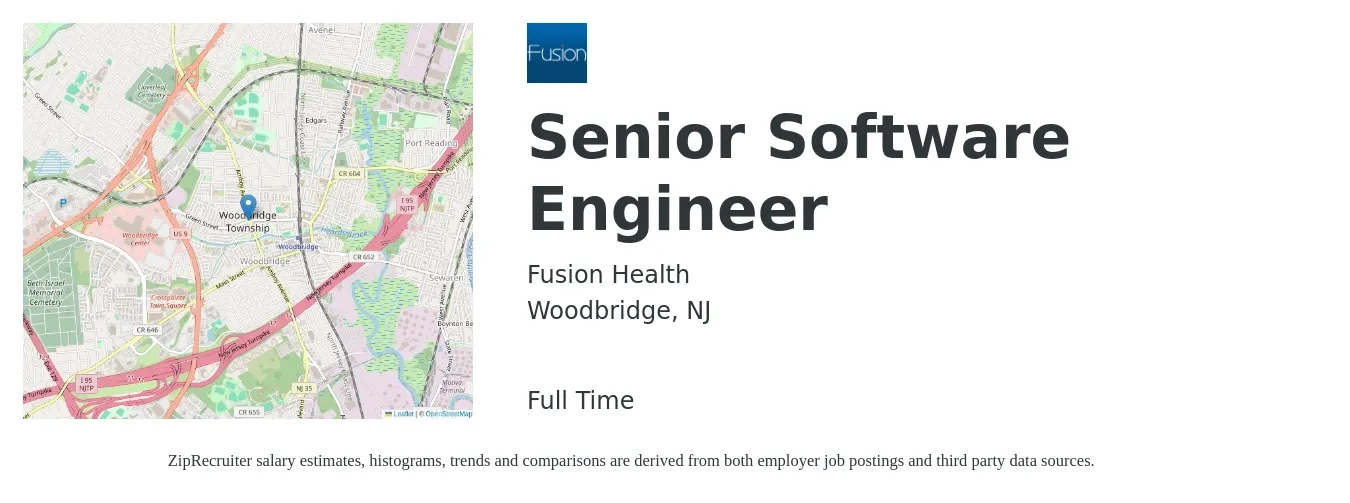 Fusion Health job posting for a Senior Software Engineer in Woodbridge, NJ with a salary of $123,700 to $163,100 Yearly with a map of Woodbridge location.