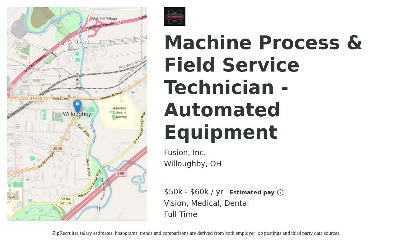 Fusion, Inc. job posting for a Machine Process & Field Service Technician - Automated Equipment in Willoughby, OH with a salary of $50,000 to $60,000 Yearly and benefits including life_insurance, medical, retirement, vision, and dental with a map of Willoughby location.
