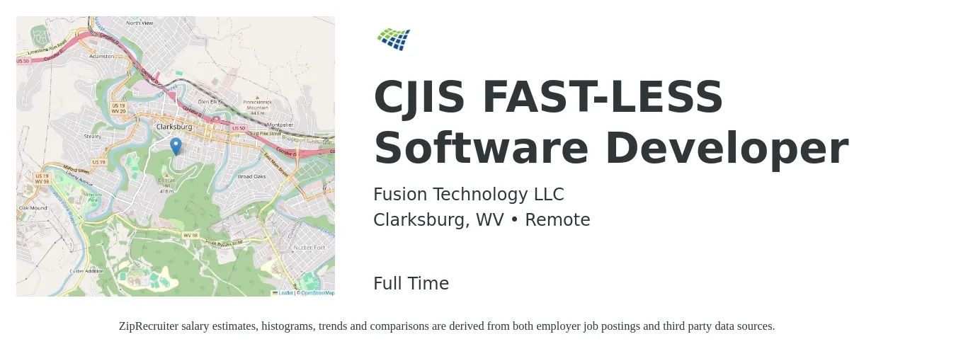 Fusion Technology LLC job posting for a CJIS FAST-LESS Software Developer in Clarksburg, WV with a salary of $88,300 to $127,500 Yearly with a map of Clarksburg location.