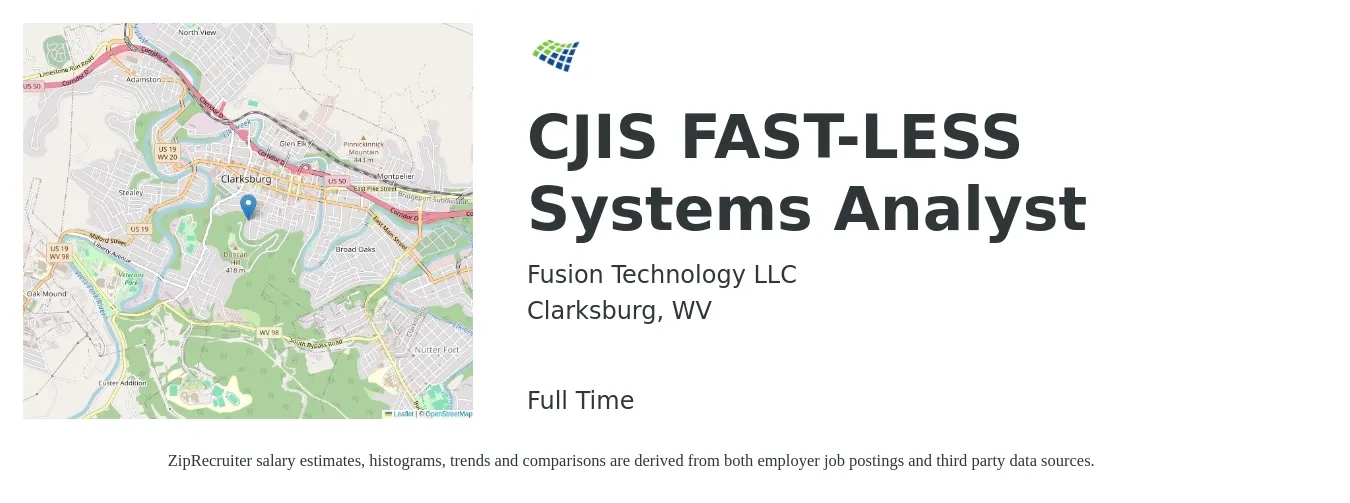 Fusion Technology LLC job posting for a CJIS FAST-LESS Systems Analyst in Clarksburg, WV with a salary of $64,800 to $106,000 Yearly with a map of Clarksburg location.