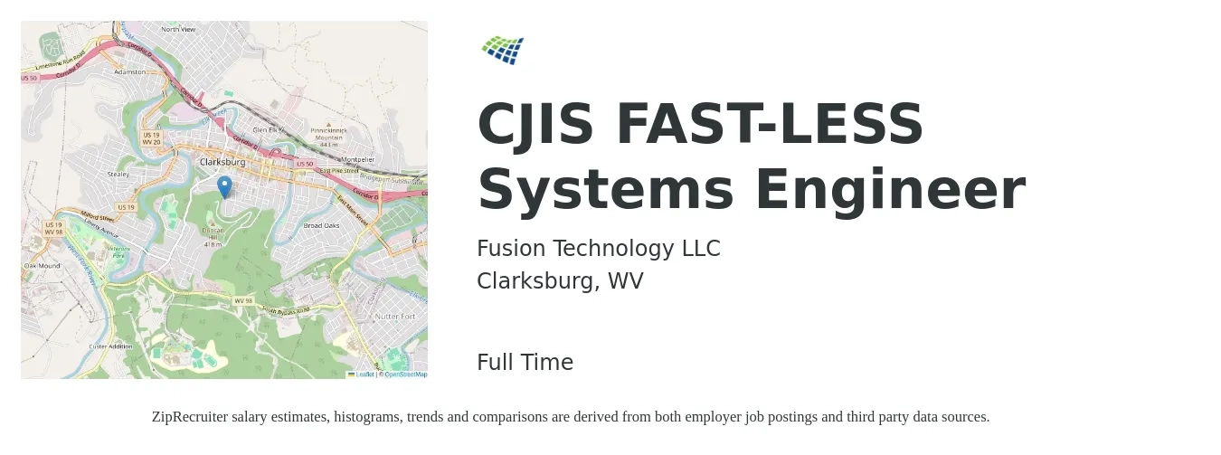 Fusion Technology LLC job posting for a CJIS FAST-LESS Systems Engineer in Clarksburg, WV with a salary of $96,100 to $154,000 Yearly with a map of Clarksburg location.