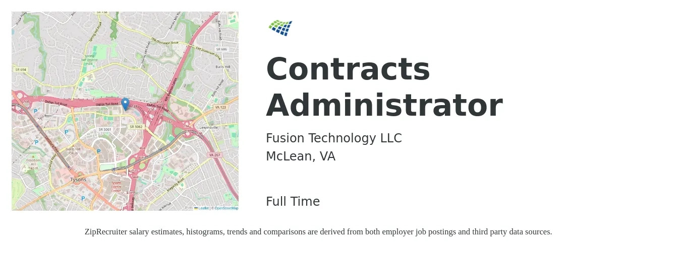 Fusion Technology LLC job posting for a Contracts Administrator in McLean, VA with a salary of $57,600 to $89,000 Yearly with a map of McLean location.