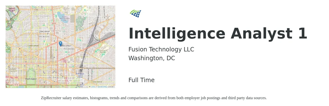 Fusion Technology LLC job posting for a Intelligence Analyst 1 in Washington, DC with a salary of $90,000 to $110,000 Yearly with a map of Washington location.