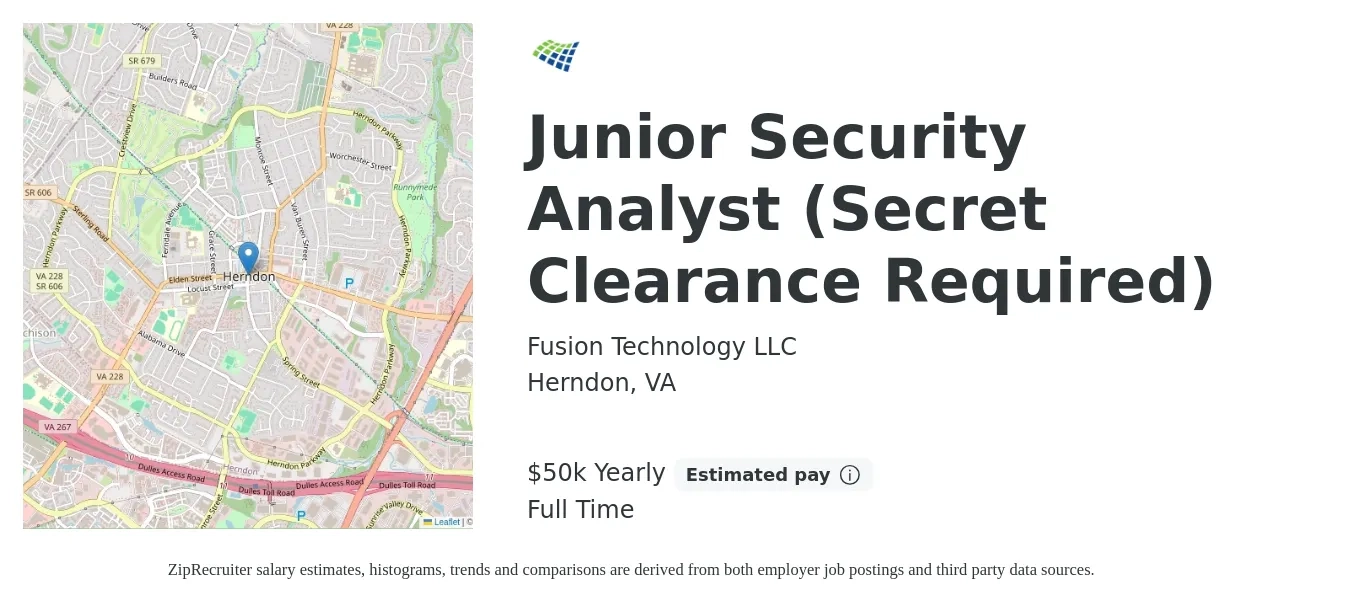 Fusion Technology LLC job posting for a Junior Security Analyst (Secret Clearance Required) in Herndon, VA with a salary of $50,000 Yearly with a map of Herndon location.