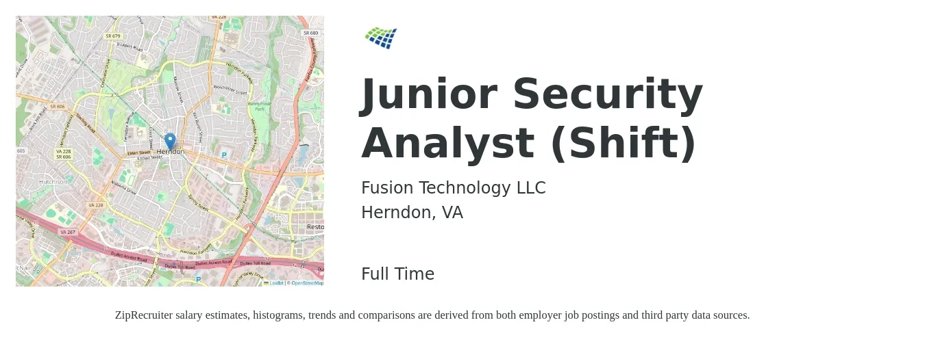 Fusion Technology LLC job posting for a Junior Security Analyst (Shift) in Herndon, VA with a salary of $25 to $38 Hourly with a map of Herndon location.
