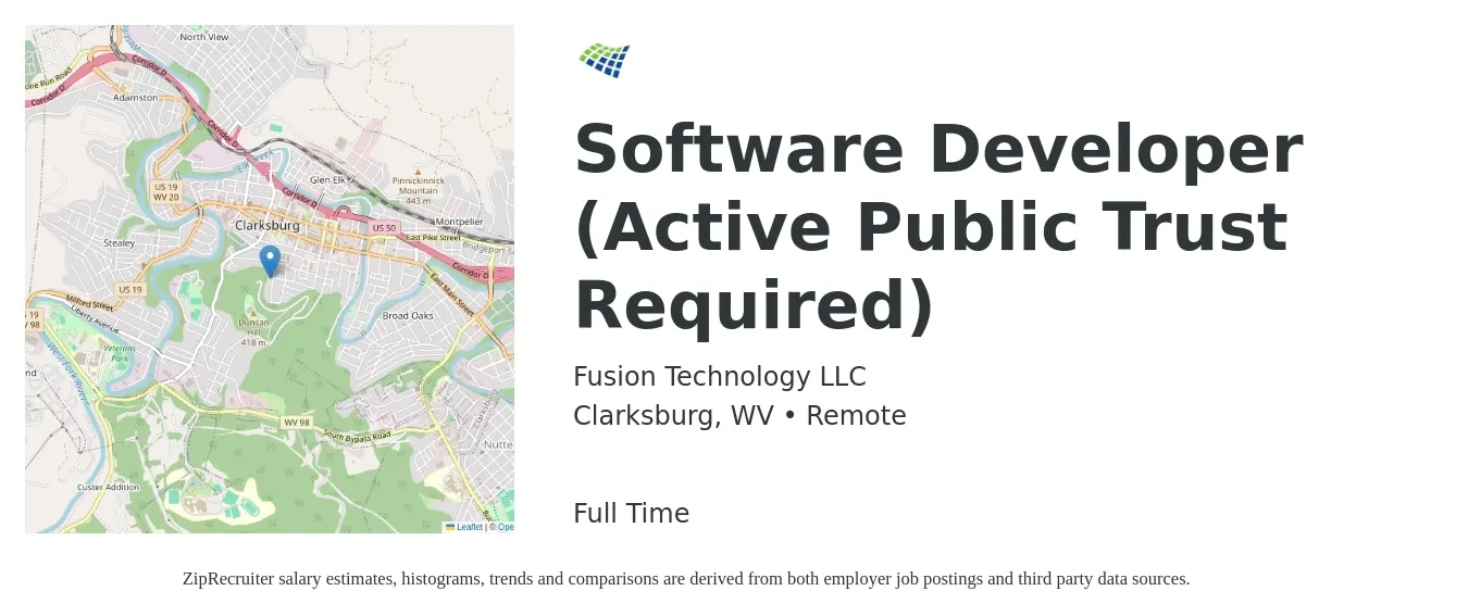Fusion Technology LLC job posting for a Software Developer (Active Public Trust Required) in Clarksburg, WV with a salary of $88,300 to $127,500 Yearly with a map of Clarksburg location.