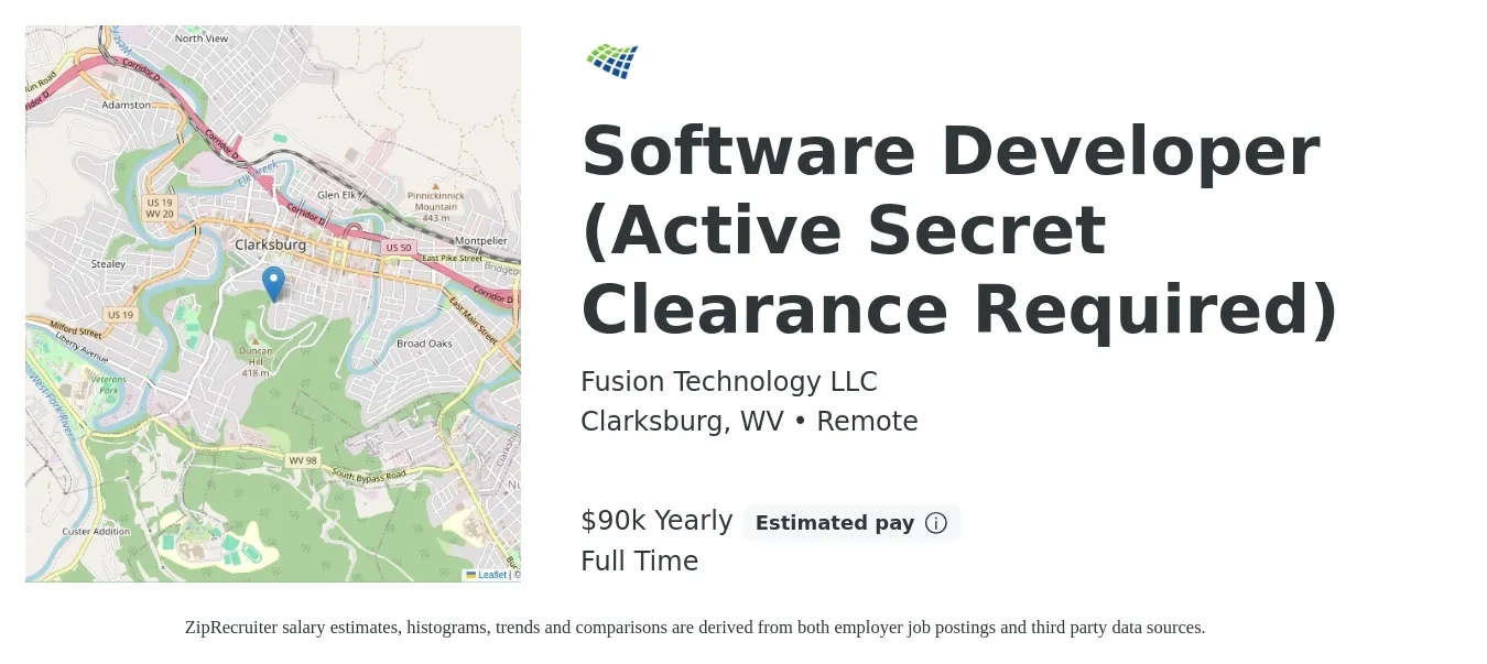 Fusion Technology LLC job posting for a Software Developer (Active Secret Clearance Required) in Clarksburg, WV with a salary of $90,000 Yearly with a map of Clarksburg location.