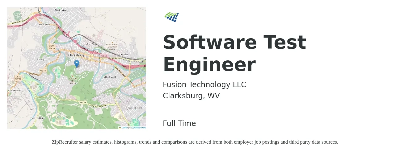 Fusion Technology LLC job posting for a Software Test Engineer in Clarksburg, WV with a salary of $43 to $60 Hourly with a map of Clarksburg location.
