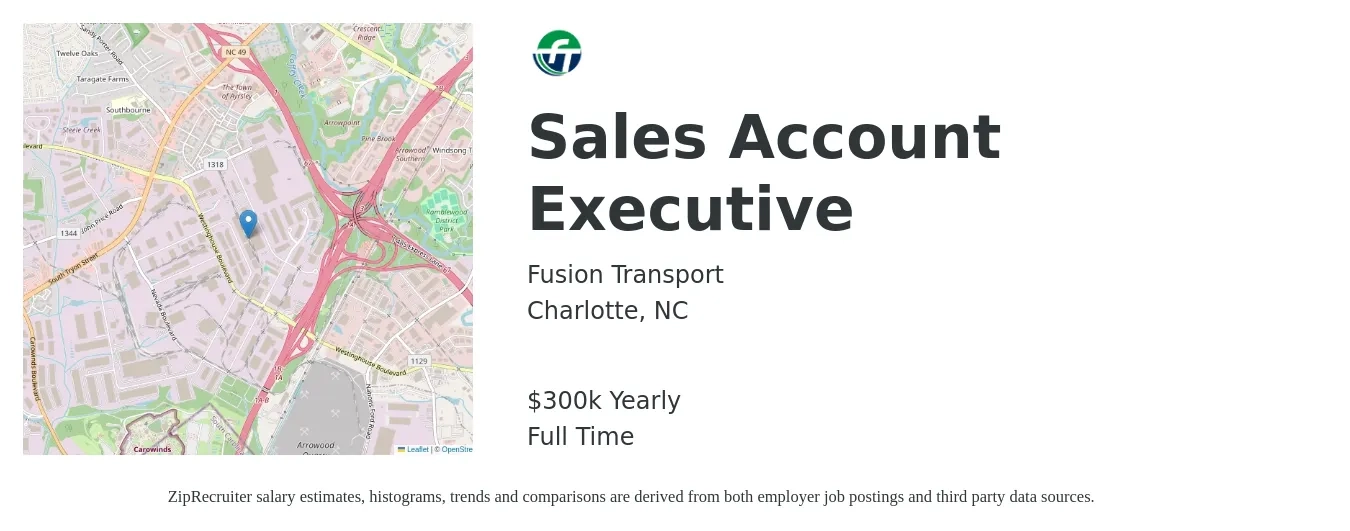 Fusion Transport job posting for a Sales Account Executive in Charlotte, NC with a salary of $300,000 Yearly with a map of Charlotte location.