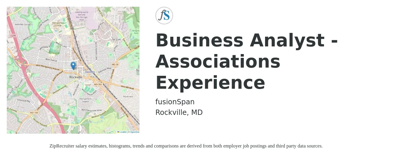 fusionSpan job posting for a Business Analyst - Associations Experience in Rockville, MD with a salary of $38 to $63 Hourly with a map of Rockville location.