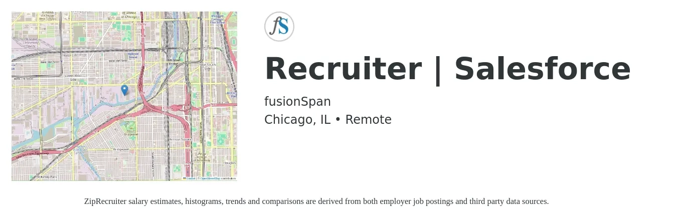 fusionSpan job posting for a Recruiter | Salesforce in Chicago, IL with a salary of $22 to $34 Hourly with a map of Chicago location.