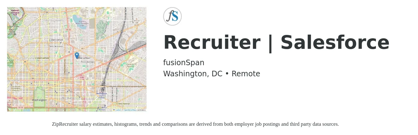 fusionSpan job posting for a Recruiter | Salesforce in Washington, DC with a salary of $24 to $38 Hourly with a map of Washington location.