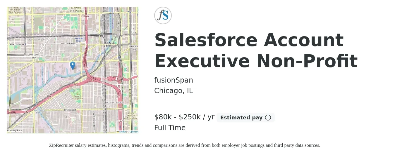 fusionSpan job posting for a Salesforce Account Executive Non-Profit in Chicago, IL with a salary of $80,000 to $250,000 Yearly with a map of Chicago location.