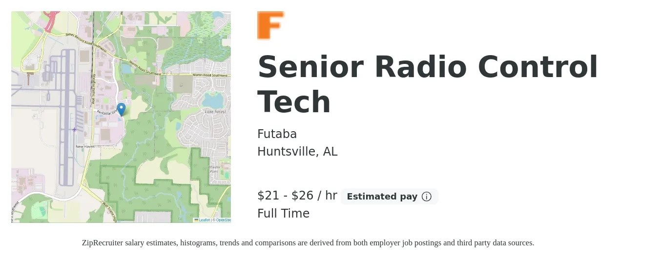 Futaba job posting for a Senior Radio Control Tech in Huntsville, AL with a salary of $22 to $28 Hourly with a map of Huntsville location.
