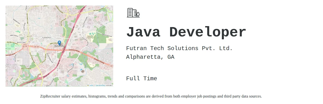 Futran Tech Solutions Pvt. Ltd. job posting for a Java Developer in Alpharetta, GA with a salary of $50 to $65 Hourly with a map of Alpharetta location.
