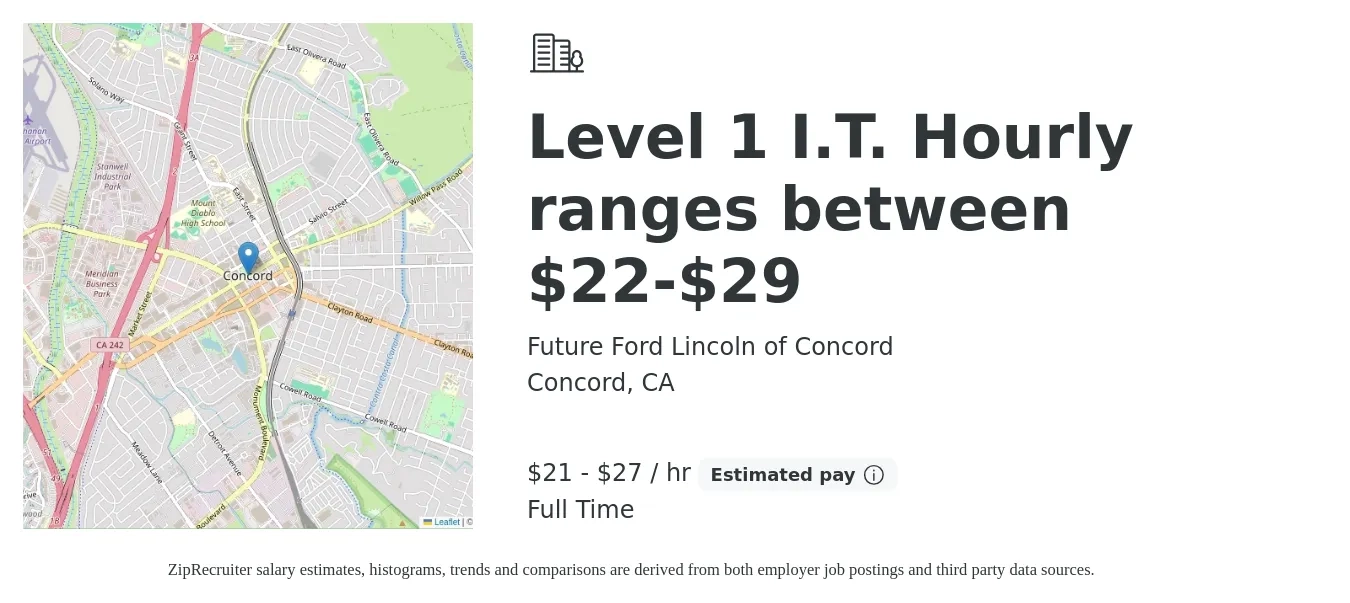 Future Ford Lincoln of Concord job posting for a Level 1 I.T. Hourly ranges between $22-$29 in Concord, CA with a salary of $22 to $29 Hourly with a map of Concord location.