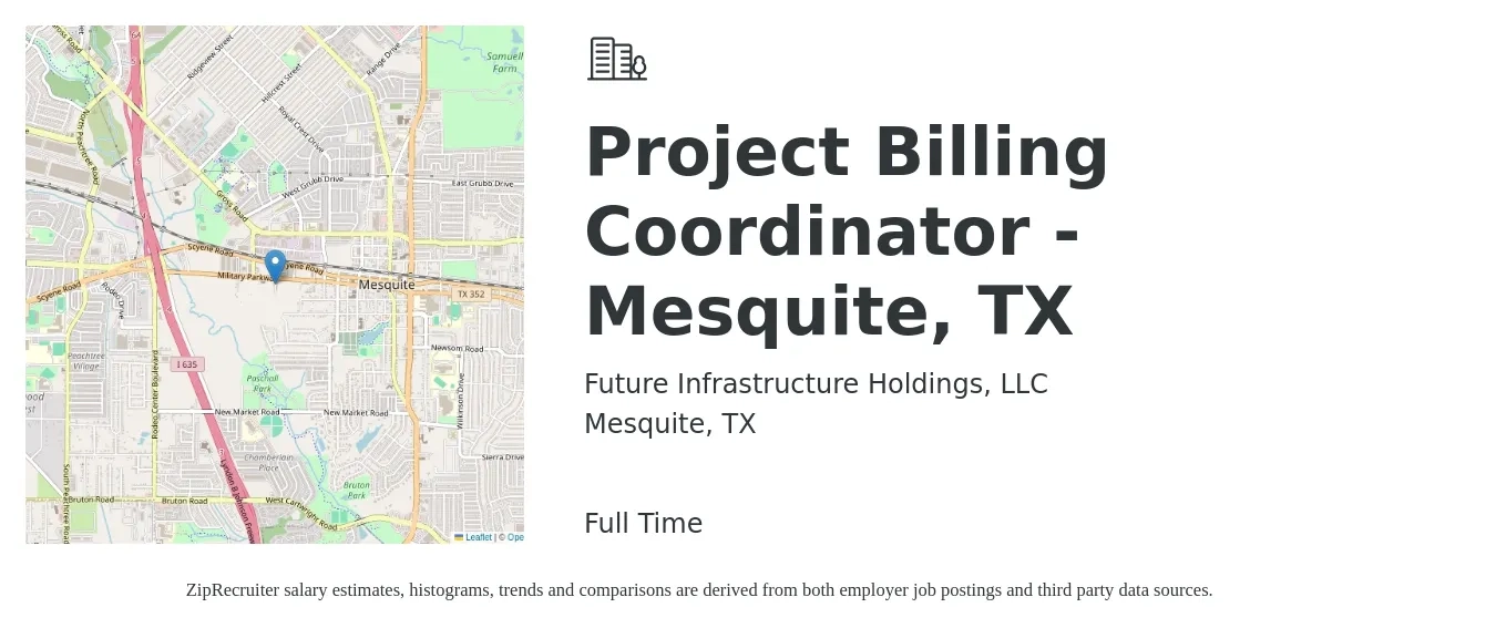 Future Infrastructure Holdings, LLC job posting for a Project Billing Coordinator - Mesquite, TX in Mesquite, TX with a salary of $19 to $29 Hourly with a map of Mesquite location.