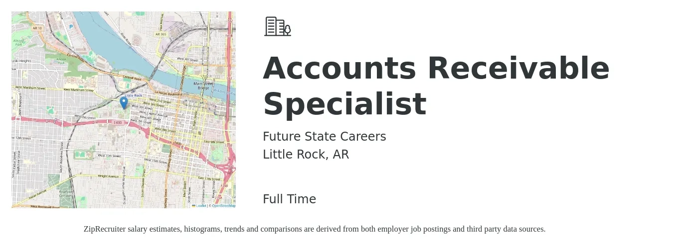 Future State Careers job posting for a Accounts Receivable Specialist in Little Rock, AR with a salary of $20 to $26 Hourly with a map of Little Rock location.