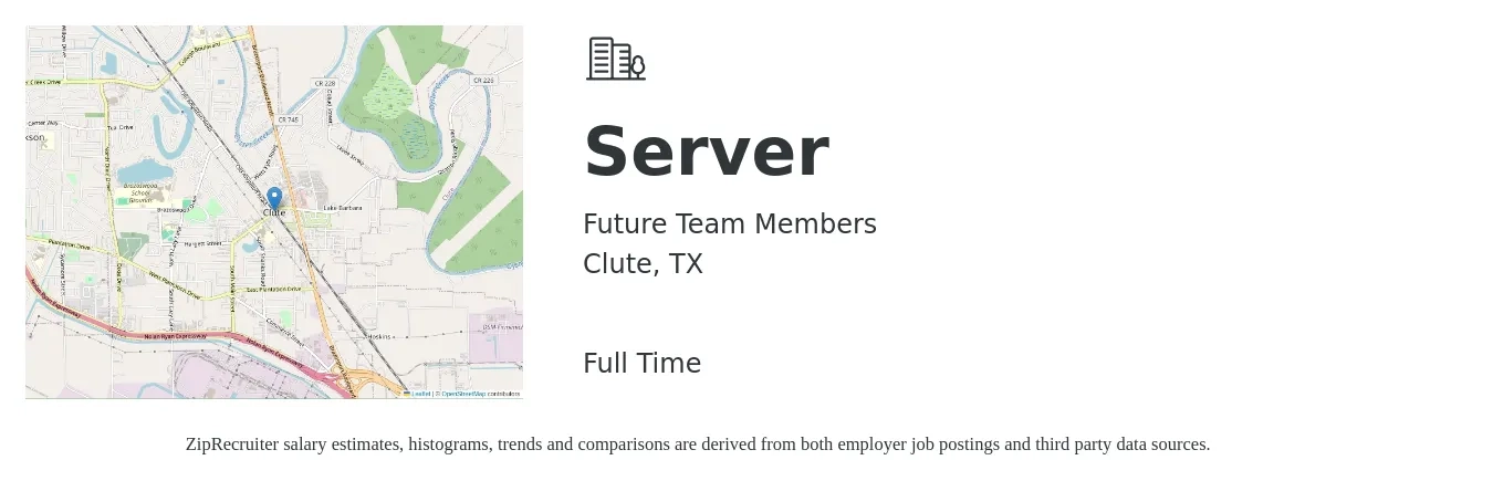 Future Team Members job posting for a Server in Clute, TX with a salary of $9 to $16 Hourly with a map of Clute location.
