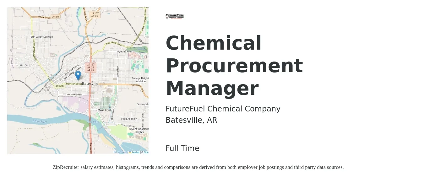 FutureFuel Chemical Company job posting for a Chemical Procurement Manager in Batesville, AR with a salary of $72,400 to $111,600 Yearly with a map of Batesville location.