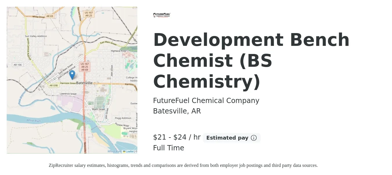 FutureFuel Chemical Company job posting for a Development Bench Chemist (BS Chemistry) in Batesville, AR with a salary of $22 to $25 Hourly with a map of Batesville location.