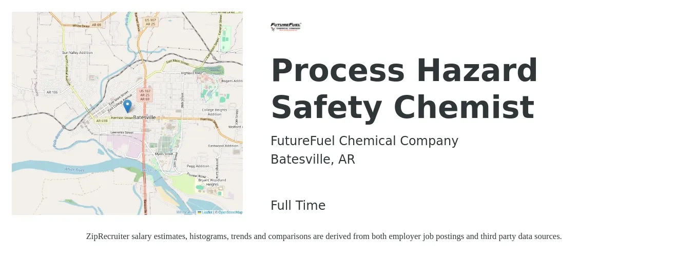 FutureFuel Chemical Company job posting for a Process Hazard Safety Chemist in Batesville, AR with a salary of $60,200 to $102,800 Yearly with a map of Batesville location.