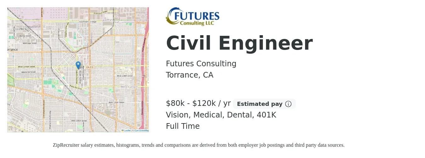 Futures Consulting job posting for a Civil Engineer in Torrance, CA with a salary of $80,000 to $120,000 Yearly and benefits including dental, life_insurance, medical, vision, and 401k with a map of Torrance location.