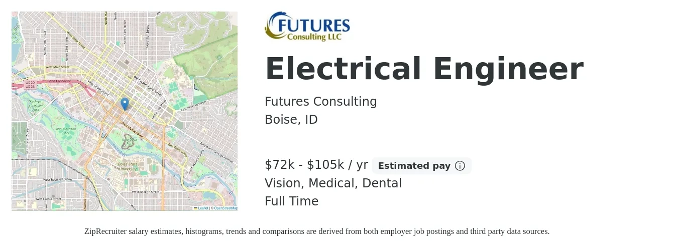 Futures Consulting job posting for a Electrical Engineer in Boise, ID with a salary of $72,500 to $105,000 Yearly and benefits including pto, retirement, vision, dental, life_insurance, and medical with a map of Boise location.