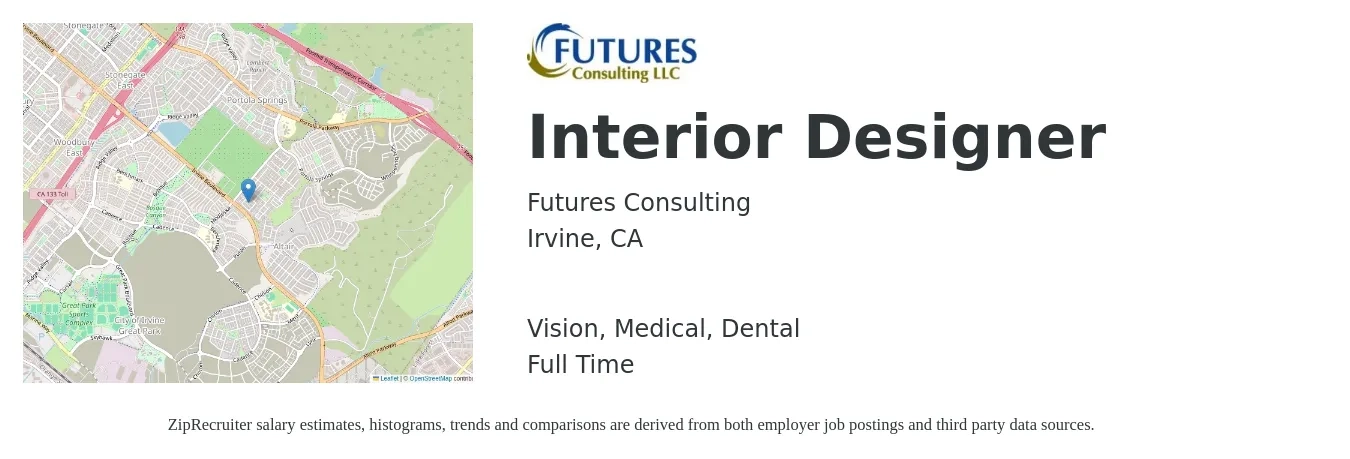 Futures Consulting job posting for a Interior Designer in Irvine, CA with a salary of $62,300 to $89,100 Yearly and benefits including dental, life_insurance, medical, pto, retirement, and vision with a map of Irvine location.
