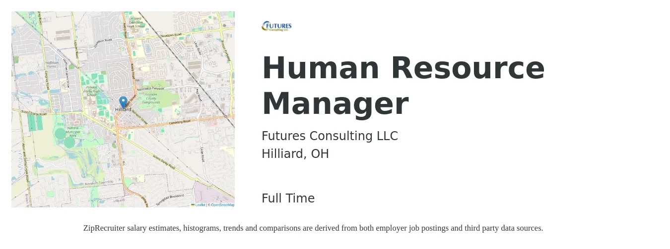 Futures Consulting LLC job posting for a Human Resource Manager in Hilliard, OH with a salary of $65,200 to $94,500 Yearly with a map of Hilliard location.