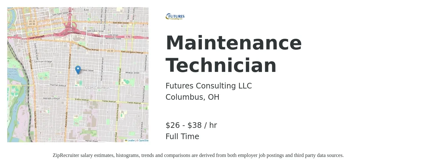 Futures Consulting LLC job posting for a Maintenance Technician in Columbus, OH with a salary of $28 to $40 Hourly with a map of Columbus location.