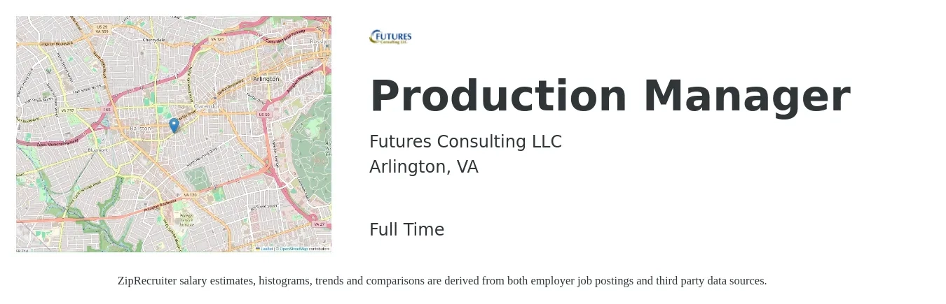 Futures Consulting LLC job posting for a Production Manager in Arlington, VA with a salary of $64,400 to $92,600 Yearly with a map of Arlington location.