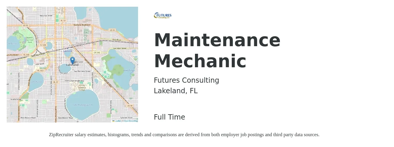 Futures Consulting LLC job posting for a Maintenance Mechanic in Lakeland, FL with a salary of $23 to $30 Hourly with a map of Lakeland location.