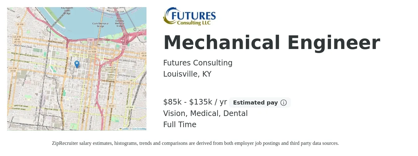 Futures Consulting job posting for a Mechanical Engineer in Louisville, KY with a salary of $85,000 to $135,000 Yearly and benefits including medical, retirement, vision, dental, and life_insurance with a map of Louisville location.