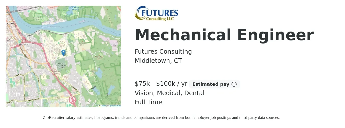 Futures Consulting job posting for a Mechanical Engineer in Middletown, CT with a salary of $75,000 to $100,000 Yearly and benefits including dental, life_insurance, medical, pto, retirement, and vision with a map of Middletown location.