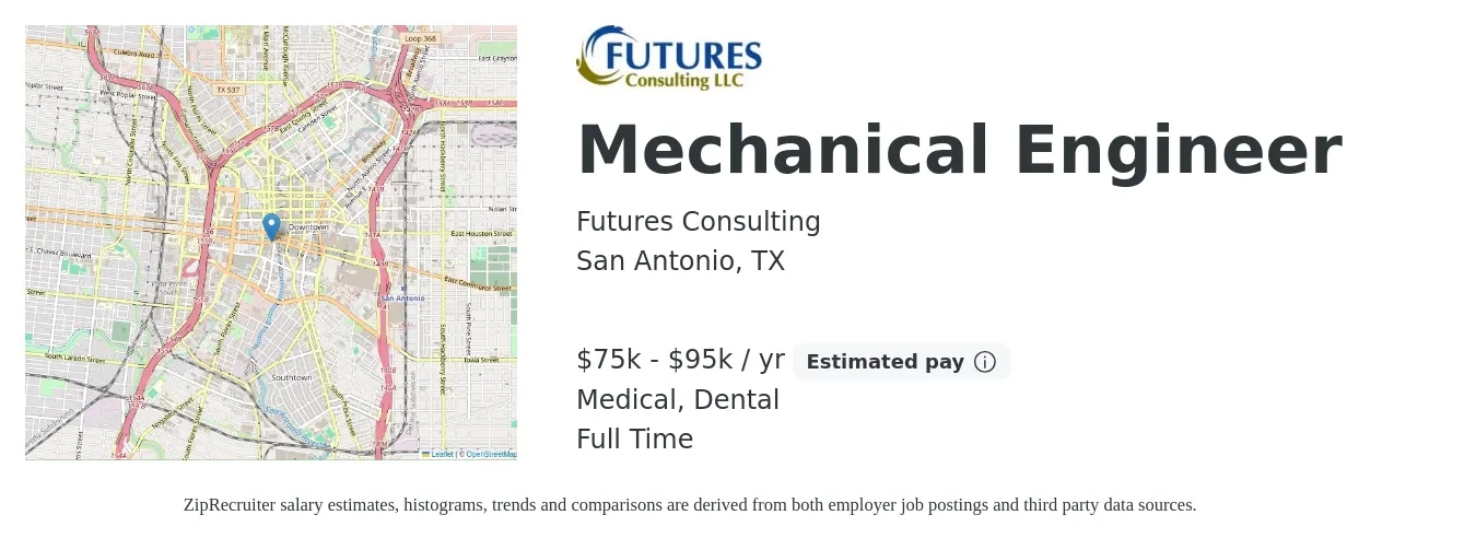 Futures Consulting job posting for a Mechanical Engineer in San Antonio, TX with a salary of $75,000 to $95,000 Yearly and benefits including dental, life_insurance, medical, and pto with a map of San Antonio location.