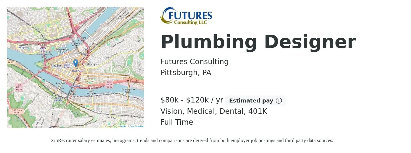 Futures Consulting job posting for a Plumbing Designer in Pittsburgh, PA with a salary of $80,000 to $120,000 Yearly and benefits including vision, 401k, dental, life_insurance, and medical with a map of Pittsburgh location.