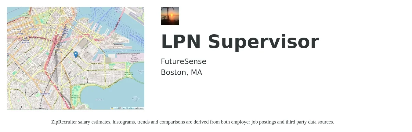 FutureSense job posting for a LPN Supervisor in Boston, MA with a salary of $28 to $38 Hourly with a map of Boston location.