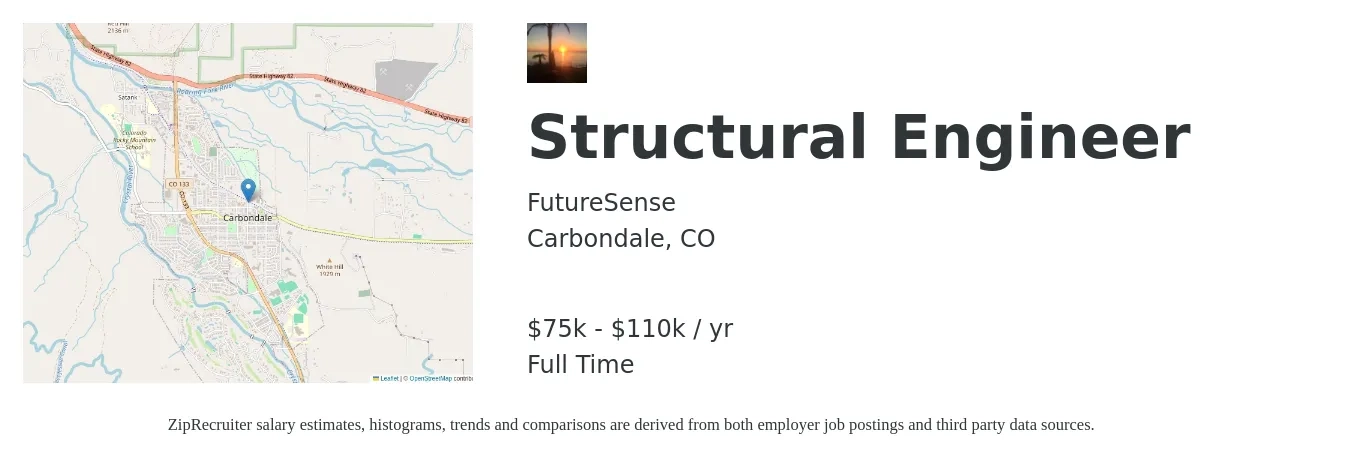 FutureSense job posting for a Structural Engineer in Carbondale, CO with a salary of $75,000 to $110,000 Yearly with a map of Carbondale location.