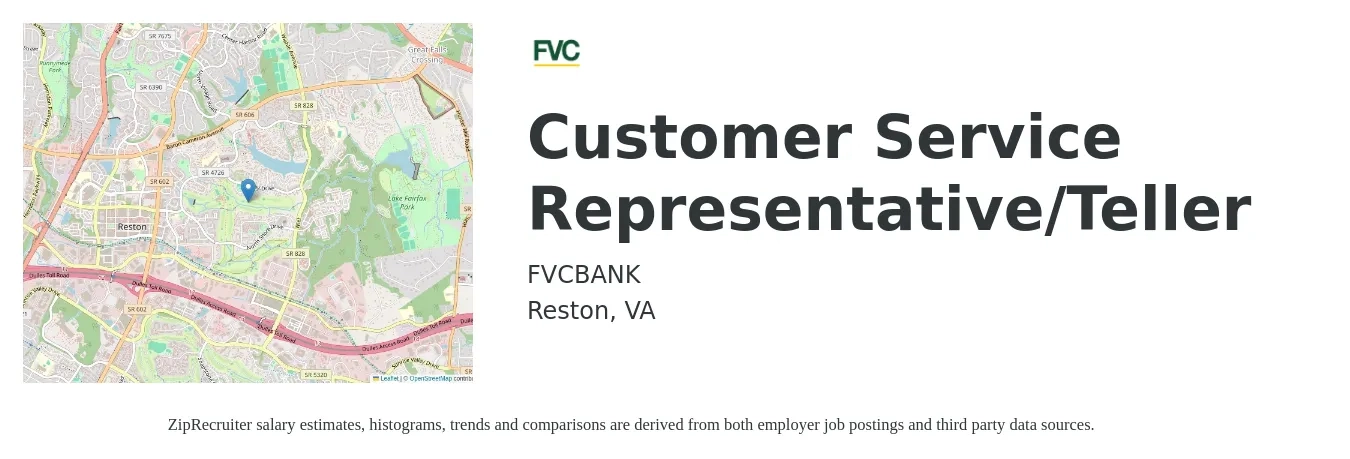 FVCBANK job posting for a Customer Service Representative/Teller in Reston, VA with a salary of $16 to $21 Hourly with a map of Reston location.