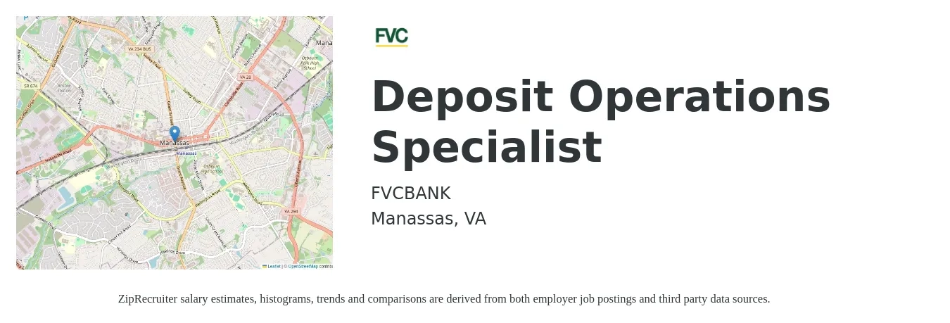 FVCBANK job posting for a Deposit Operations Specialist in Manassas, VA with a salary of $45,000 to $76,400 Yearly with a map of Manassas location.
