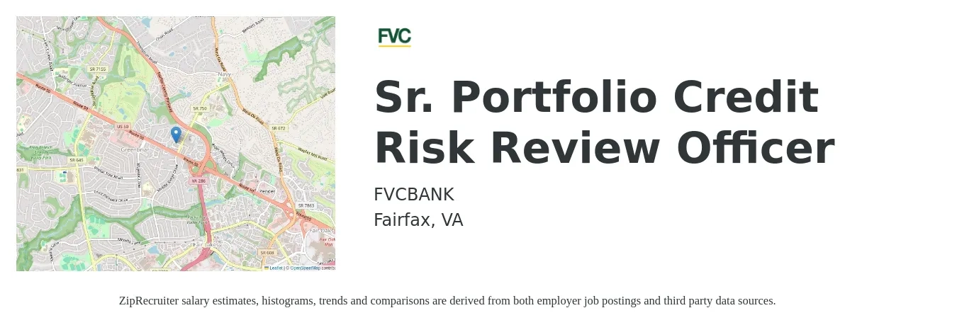 FVCBANK job posting for a Sr. Portfolio Credit Risk Review Officer in Fairfax, VA with a salary of $111,600 to $157,600 Yearly with a map of Fairfax location.
