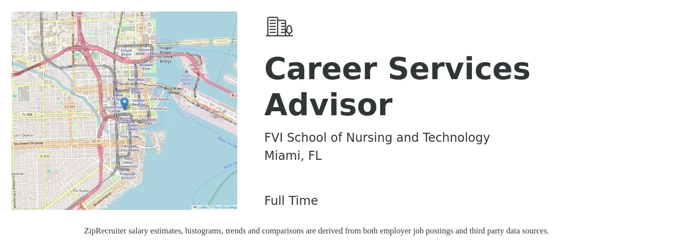 FVI School of Nursing and Technology job posting for a Career Services Advisor in Miami, FL with a salary of $20 to $27 Hourly with a map of Miami location.