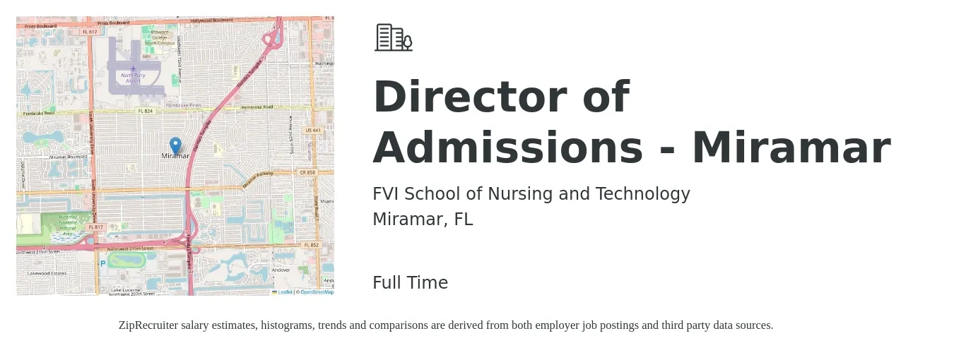FVI School of Nursing and Technology job posting for a Director of Admissions - Miramar in Miramar, FL with a salary of $46,300 to $69,500 Yearly with a map of Miramar location.