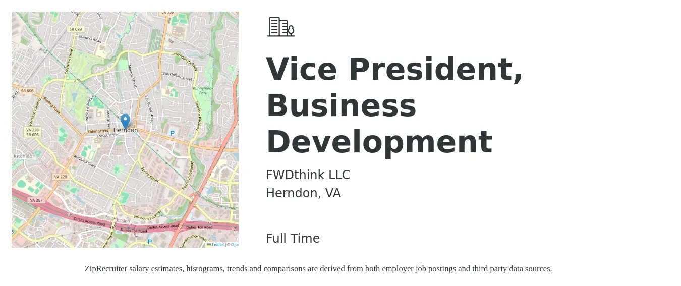 FWDthink LLC job posting for a Vice President, Business Development in Herndon, VA with a salary of $200,000 to $225,000 Yearly with a map of Herndon location.