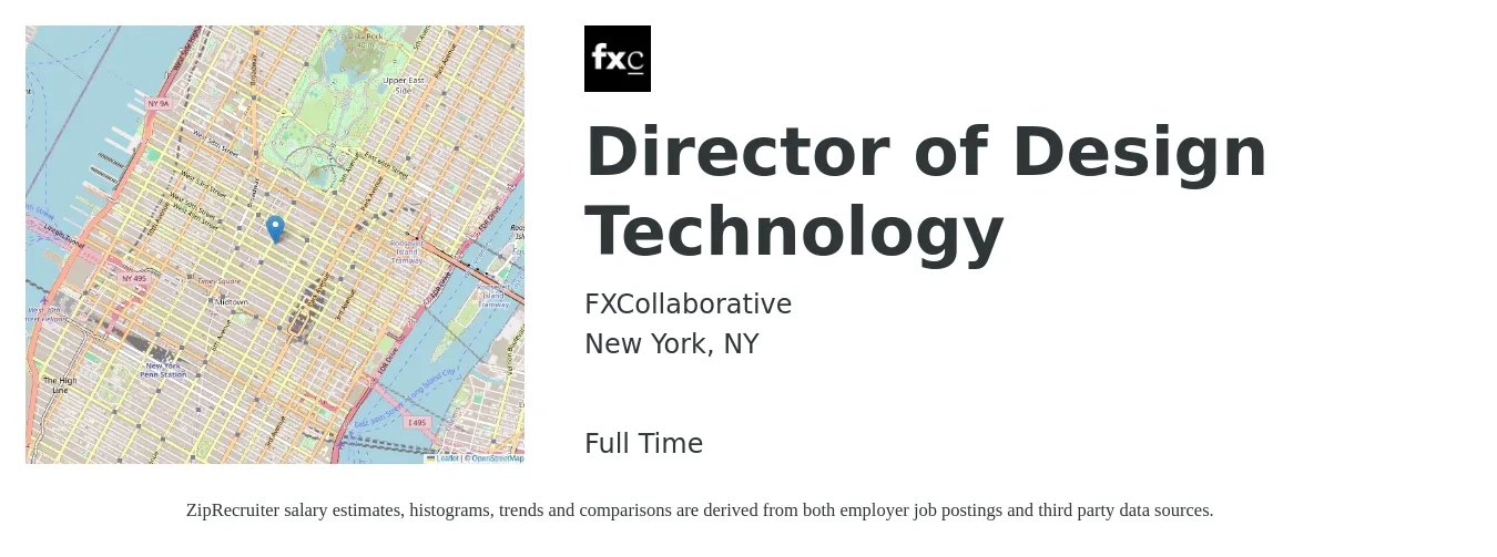 FXCollaborative job posting for a Director of Design Technology in New York, NY with a salary of $150,000 to $175,000 Yearly with a map of New York location.