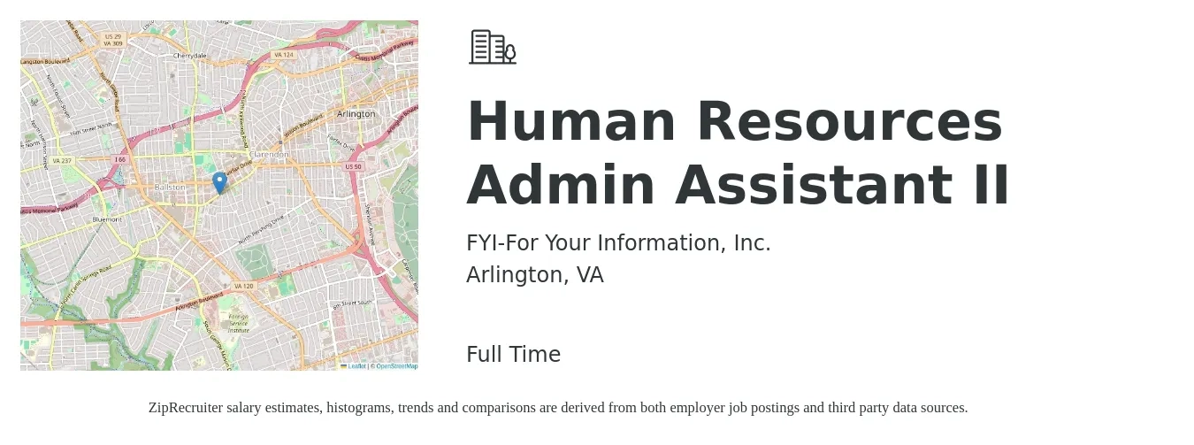 FYI-For Your Information, Inc. job posting for a Human Resources Admin Assistant II in Arlington, VA with a salary of $42,900 to $54,900 Yearly with a map of Arlington location.