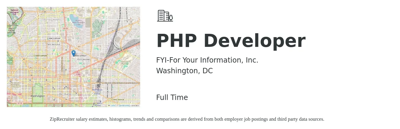 FYI-For Your Information, Inc. job posting for a PHP Developer in Washington, DC with a salary of $93,700 to $130,400 Yearly with a map of Washington location.